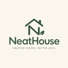 A minimalist logo for NeatHouse on a light cream background. The logo features a dark green stylized house icon with the letter 'N' and a small leaf, above the text 'NeatHouse' and the tagline 'SMARTER SPACES.